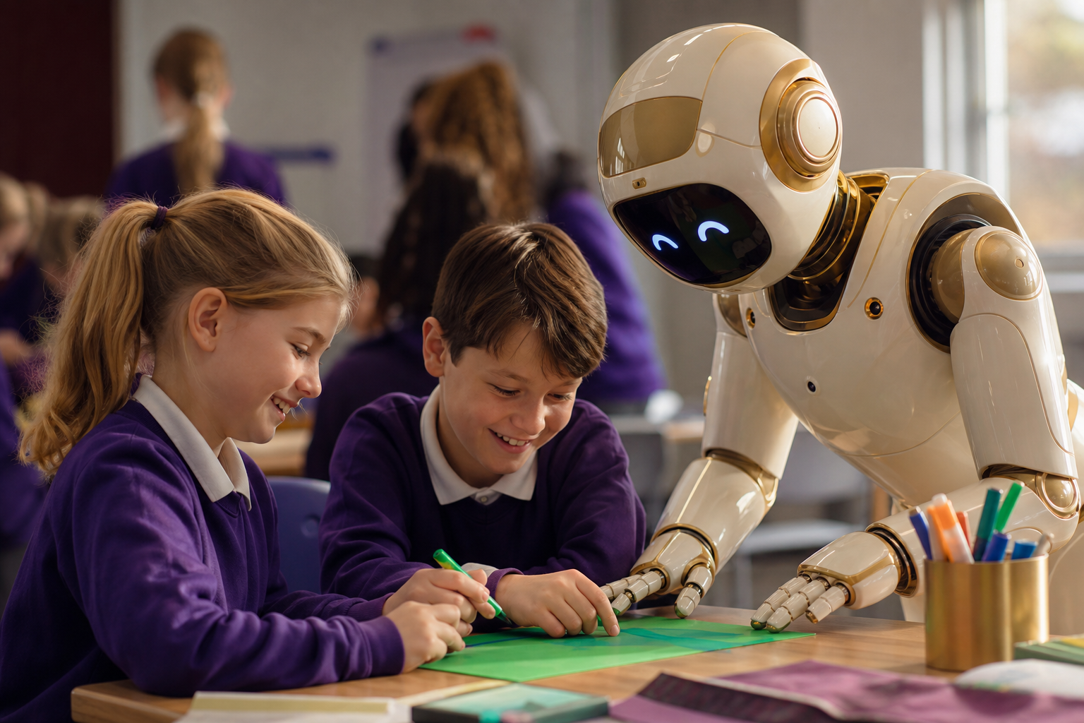 A friendly robot guiding children through a hands-on learning activity in a warm classroom